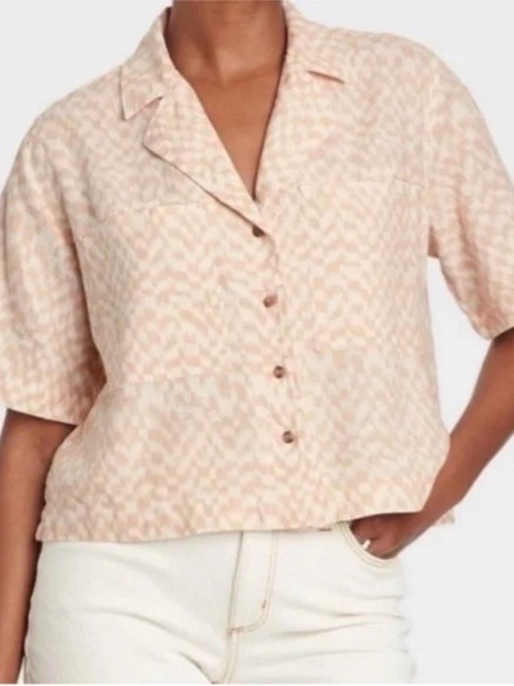Universal Thread Peach-Tone Patterned Short-Sleeve Button Down